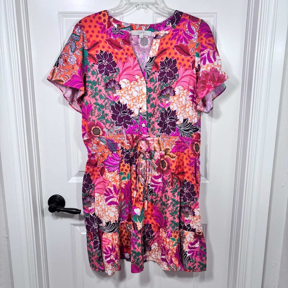 LOFT Patchwork Bloom Smocked Tie Waist Short Sleeve Dress Women’s XL